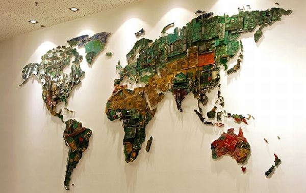 World Map Made of Recycled Computer Components